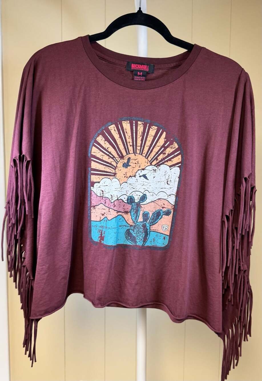 Rock & Roll Denim T-Shirt Size M Burgundy Desert Graphic Fringe